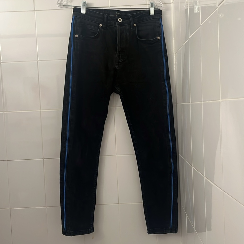 Zara Man Denim Black skinny Jeans Blue Side Zipper 30